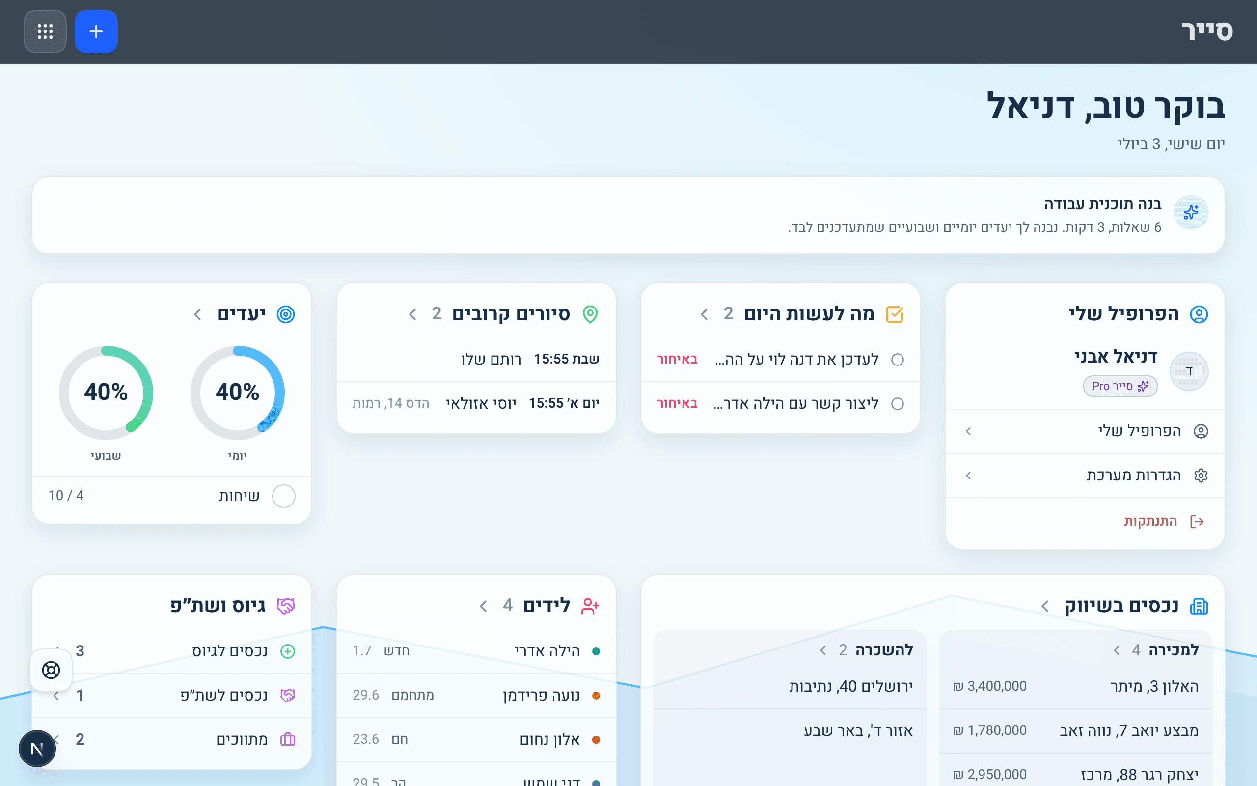דאשבורד סייר: לידים, סיורים, נכסים ומשימות